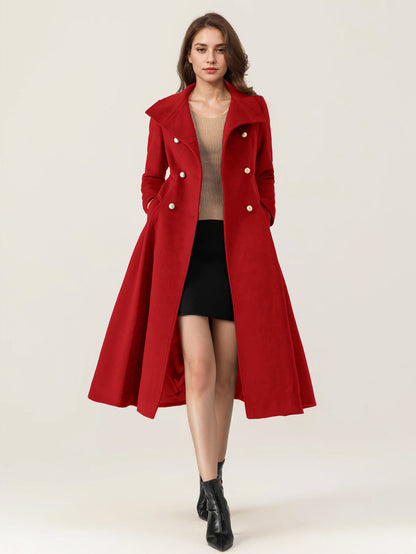 Woolen Flared Coat For Woman Stand Collar Dark Navy Vintage Double-breasted Winter Midi Outerwear 2026