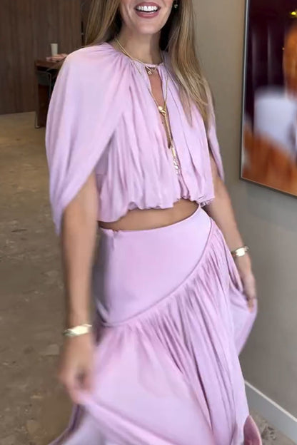 Venus Cutout Neck Slit Sleeve Crop Ruched Top and High Rise Pleated Maxi Skirt Set