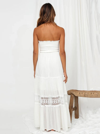 Strapless Smocked Maxi Dress for Women - Boho Crochet Lace Tiered Tube Dress - Summer Beach Resort 2026