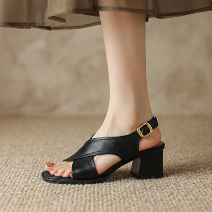 Women's Open-Toe Block Heel Leather Sandals
