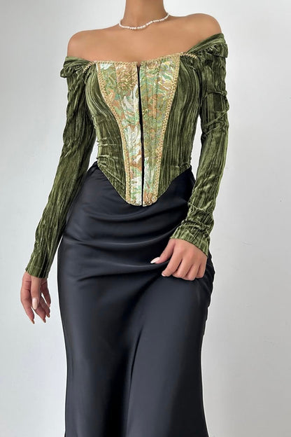Oil Painting Style Elegant Strapless Slim-fit Fishbone Top