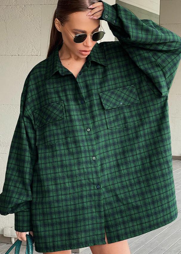 Oversized Retro Green Plaid Shirt – Effortless Chic