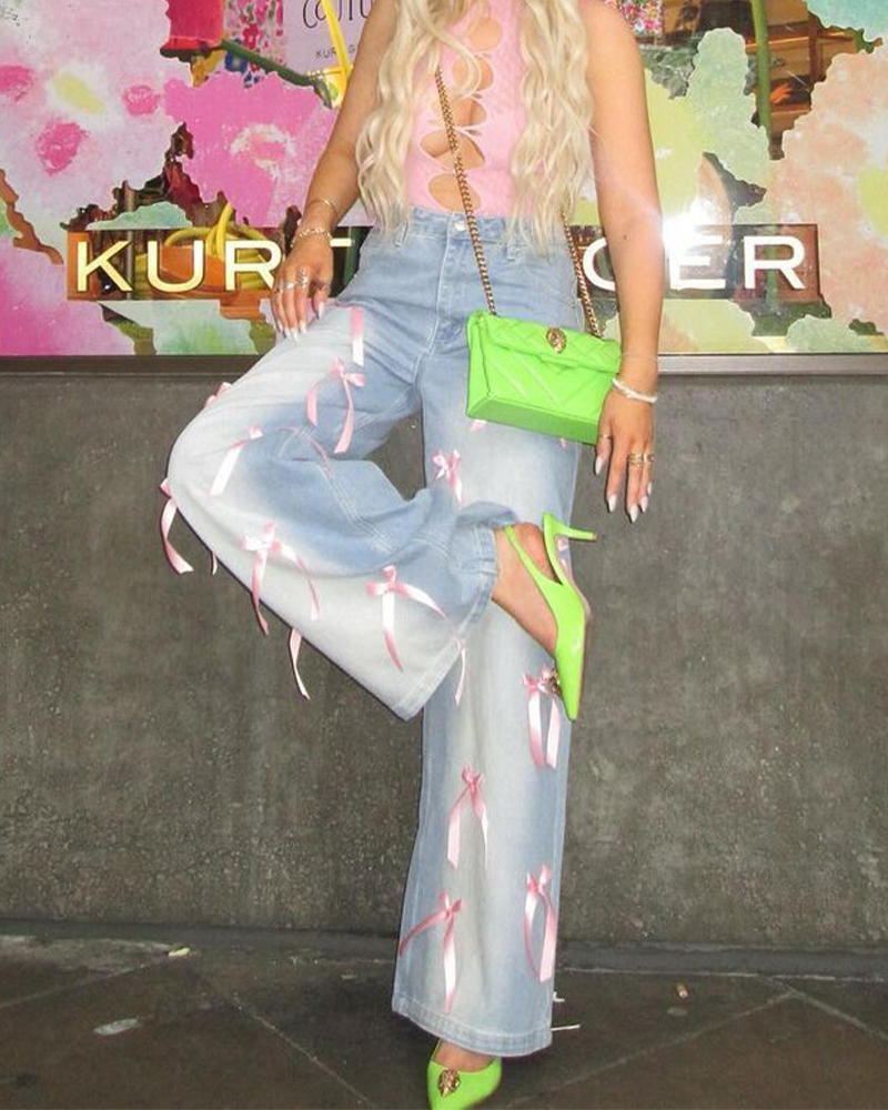 Bow High-Rise Wide-Leg Jeans
