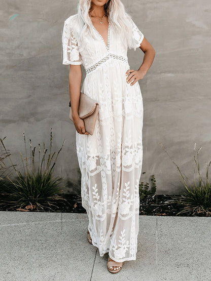 White Lace Boho Maxi Dress for Women - V Neck Short Sleeve Sheer Long Dress - Summer Beach Bridal Resort Wear 2026