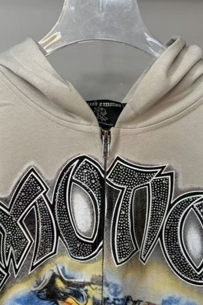 Graffiti Print Rhinestone Logo Hoodie