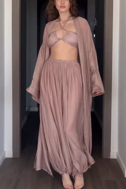 Flowy Linen Blend Halter Tank & Elastic Waist Tie-up Wide Leg Pants & Kimono Cover-Ups 3pieces Set