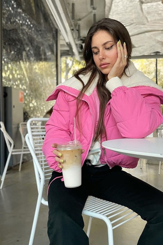 Polar Fleece Patchwork Faux Fur Collar Puffer Jacket