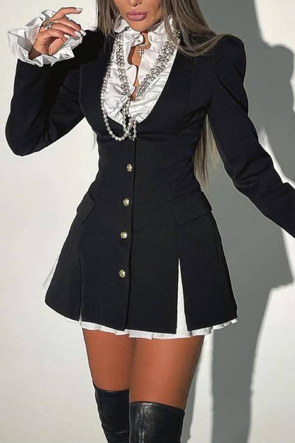 Altair Contrast Ruffled Shirt Patchwork Button Pleated Blazer Mini Dress