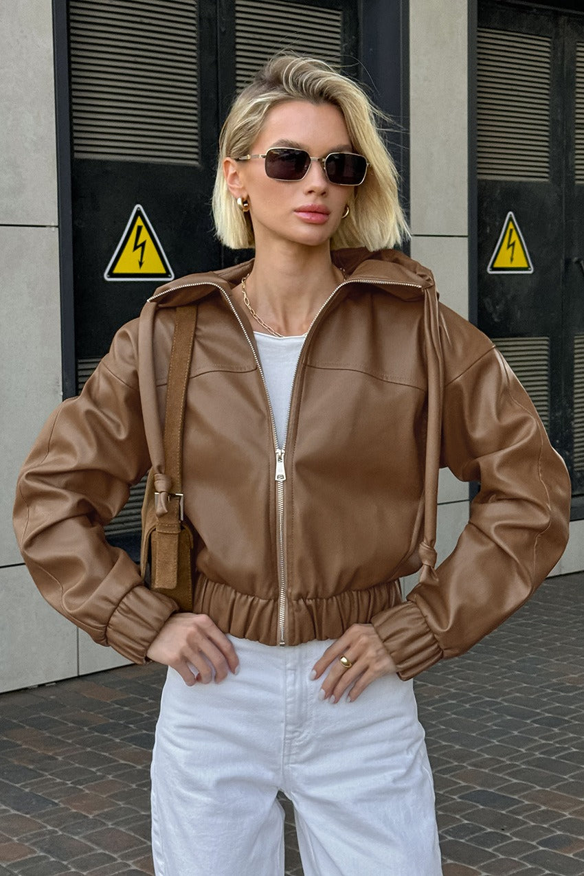 Black Faux Leather Hooded Loose Streetwear Jacket