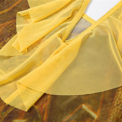 Halter self tie mesh ruffle print v neck maxi dress