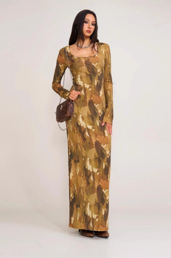 Solid Color Square Neck Bodycon Maxi Dress