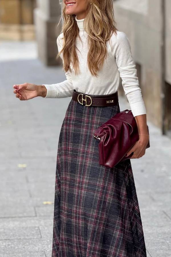 Retro style wide hem plaid skirt