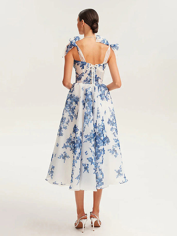 Light Sky Blue Corset Dress Tie Strap Floral A-Line Elegant Party Prom Midi Dresses
