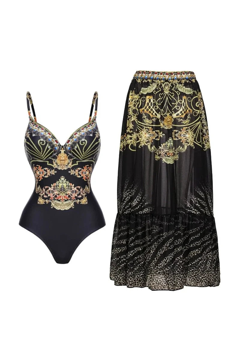 Black Gold Print Strappy One Piece Swimsuit