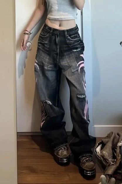 Gothic Print Wide-Leg Jeans