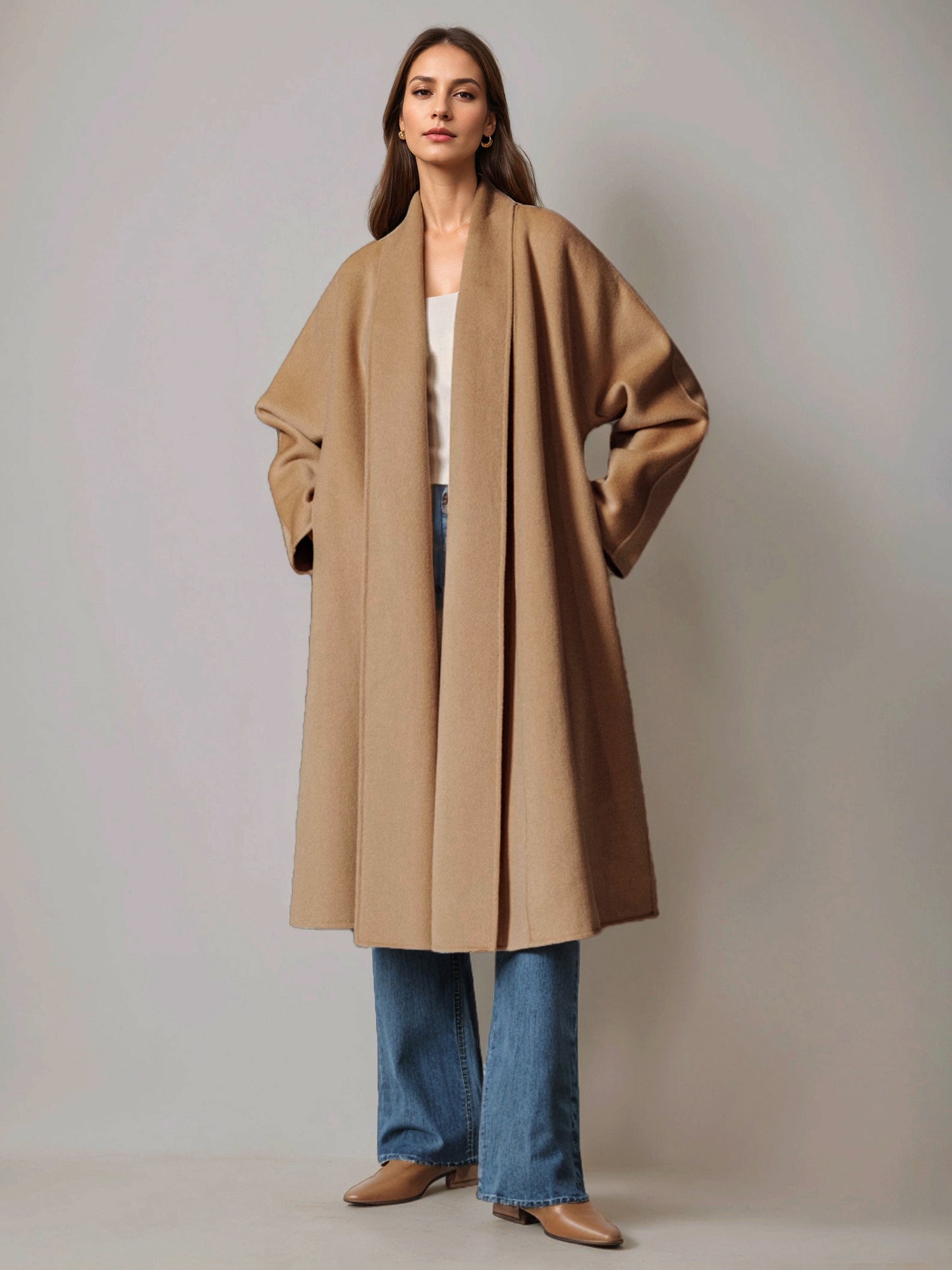 Burgundy Wool Cashmere Blend Wrap Coat For Woman Lapel Elegant Belted Double-Faced Winter Outerwear 2026