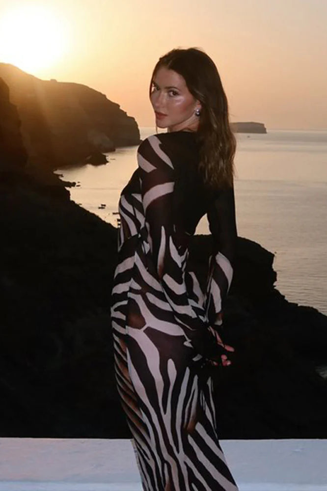 Chiffon V-Neck Slim Fit Long Sleeve Maxi Dress