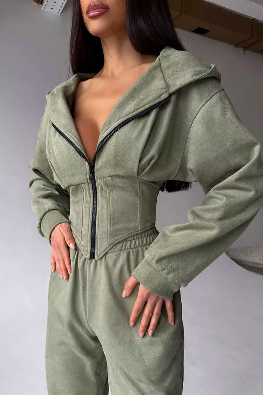 Hooded Drawstring Two Piece Pants Set