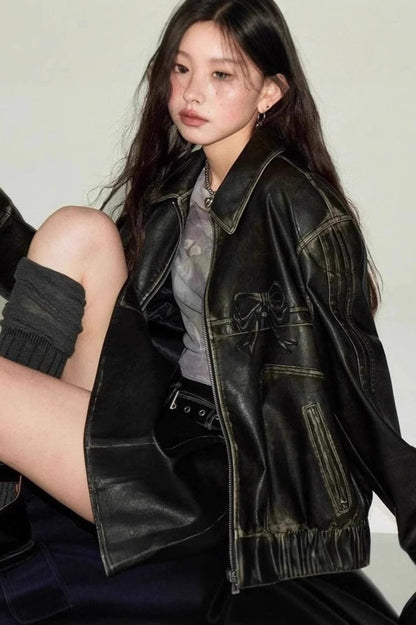 Bow Decor Faux Leather Moto Jacket