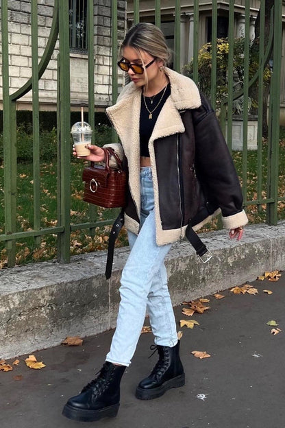 Multi-Zip Faux Shearling Longline Jacket