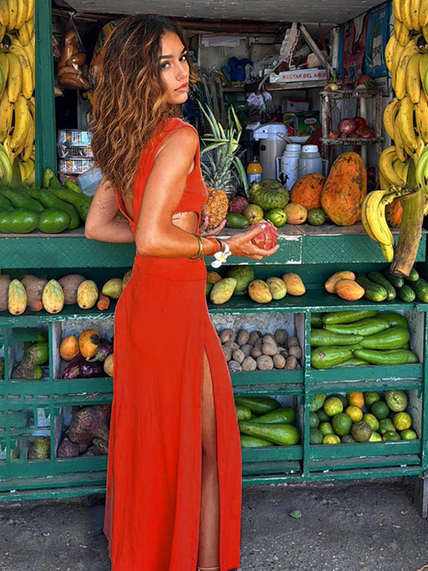 Tie Dye Maxi Dress for Women - Boho Cut Out V Neck High Slit Flowy Sleeveless Sundress - Summer Beach Vacation 2026
