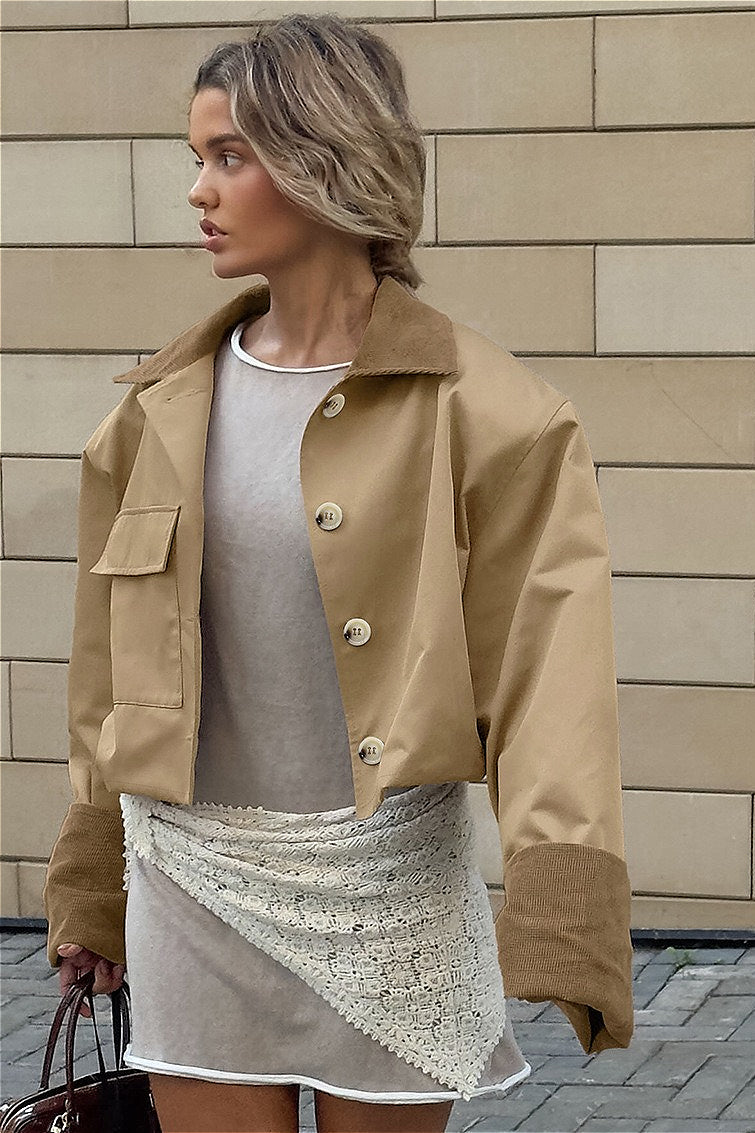 Retro Color Block Collared Utility Cropped Casual Jacket