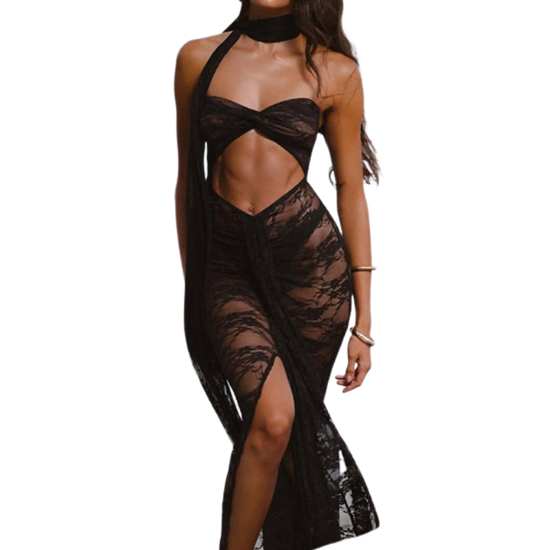 Lace sweetheart neck hollow out slit cut out maxi dress