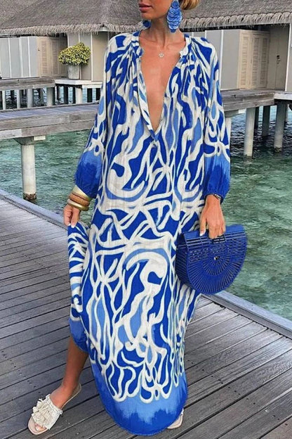 Printed V-neck Long-sleeved Loose Dress