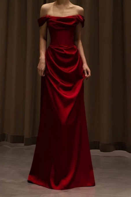 Off Shoulder Wine Red Satin Formal Dress
