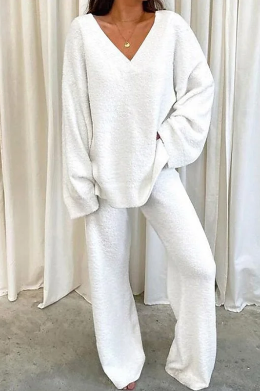 Comfortable Solid Color V-neck Daily Two-piece Set