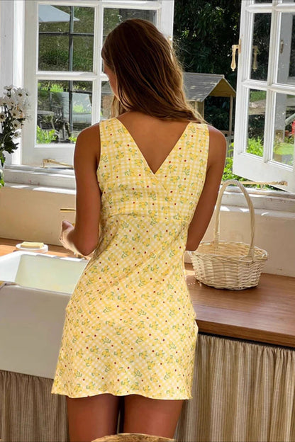 Gingham Check Fruit Print Surplice V-Neck Tank Strap Bodycon Mini Dress