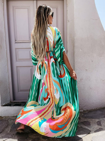 Geometric Kaftan Dress for Women - Boho Drawstring Waist High Slit Maxi Cover-up Dress - Summer Beach Resort Wear 2026
