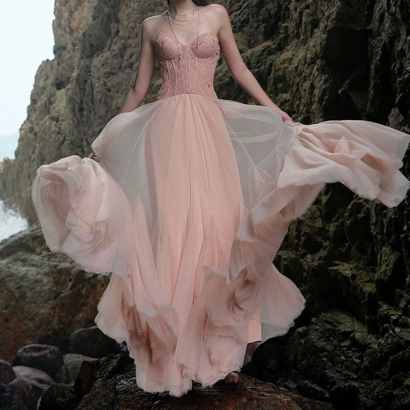 Lace Bone Tube Mesh Flared Prom Dress – Classylooker