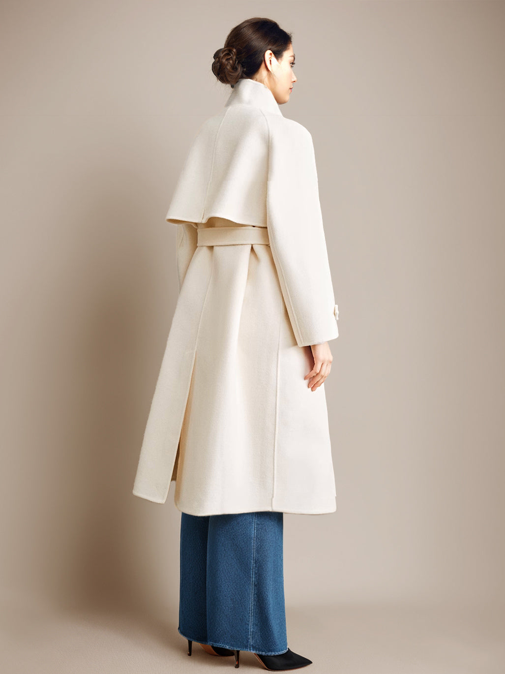 White Wool Cashmere Blend Coat Stand Collar Double-Faced Belted Winter Outerwear For Women 2026