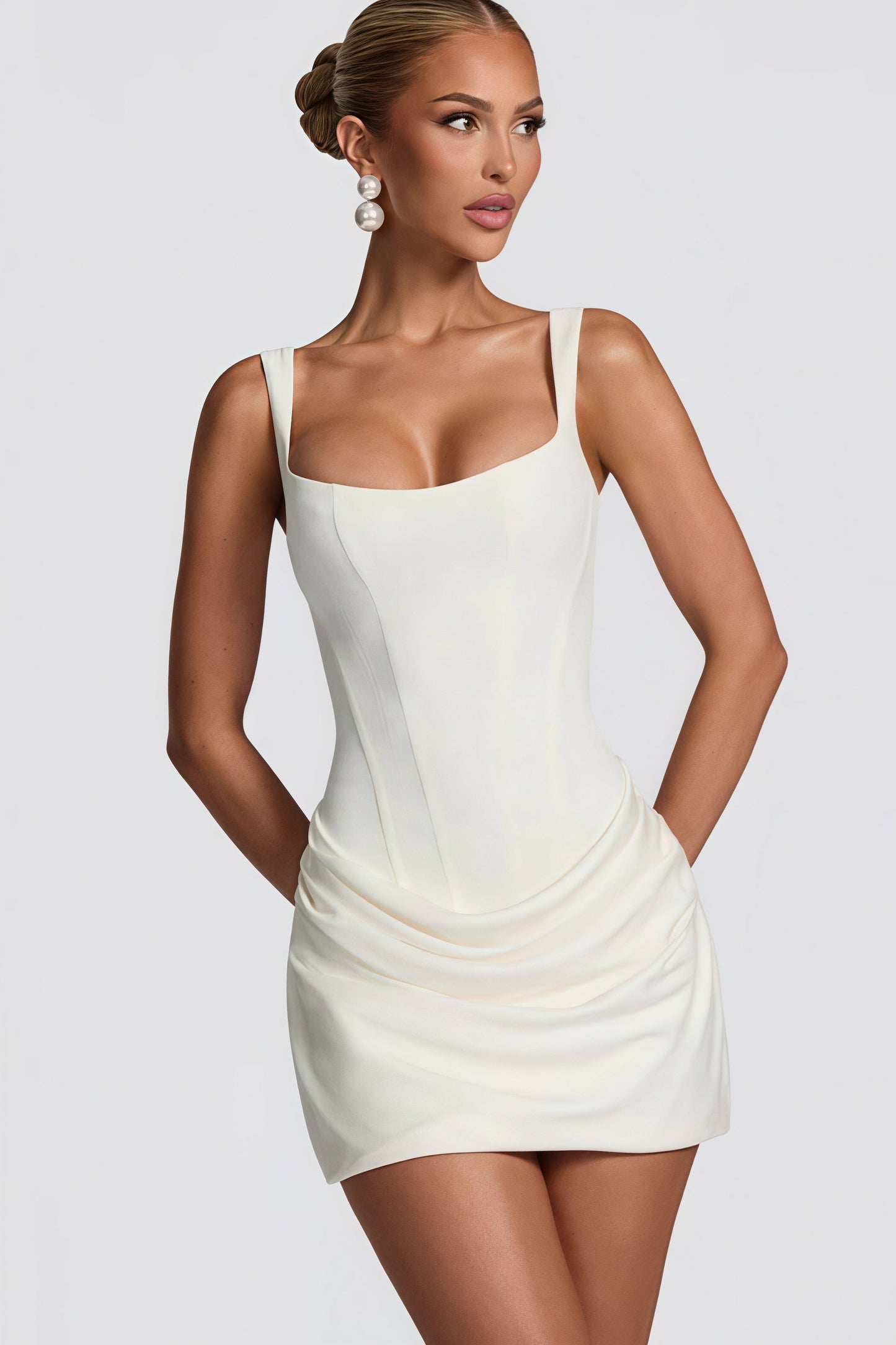 Square Neck Corset Bodice Draped Ruched Bodycon Mini Dress