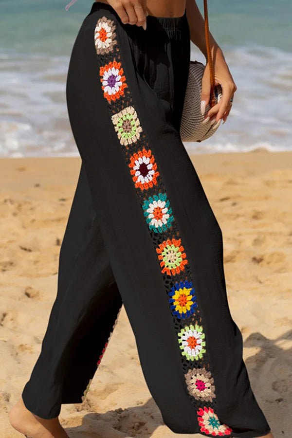 Dimarco Linen Blend Colorful Crochet Flower Patchwork Stretch Waist Wide Leg Pants