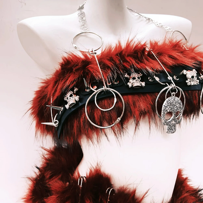 Fluffy o ring skull applique metal chain mini skirt set