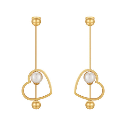 18K Gold Titanium Steel Heart-shaped Peach Heart Pearl Earrings