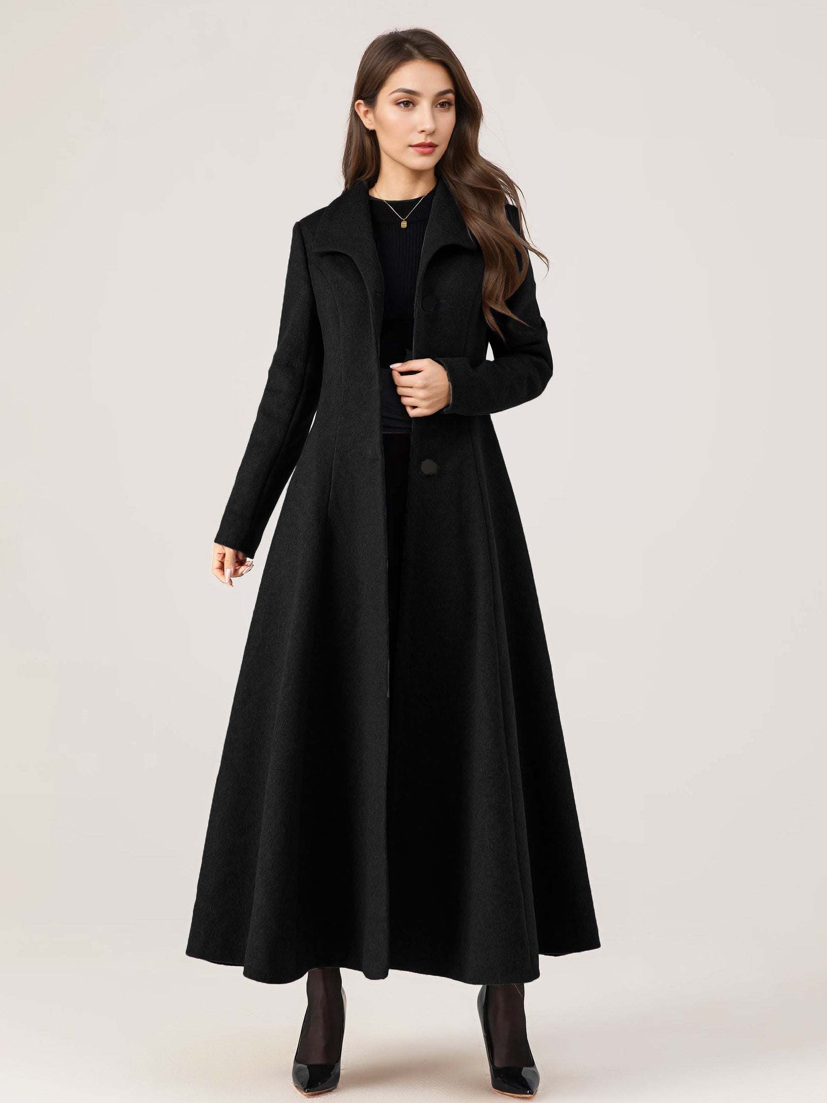 Long Woolen Flared Coat Gray Belted Winter Full Length Outerwear For Women 2026