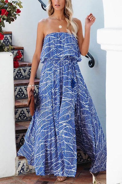 Summer Picnic Printed Elastic Waist Strapless Tie Maxi Dress
