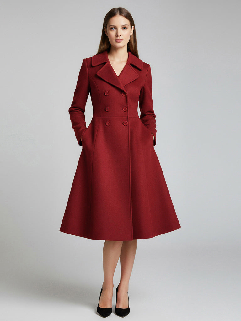 Double-Breasted Wool Blend Midi Coat With Flared A-Line Silhouette For Women 2026
