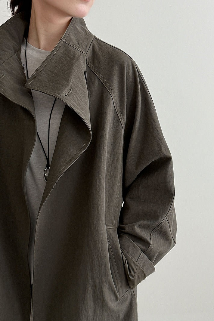 British-Style Stand-Collar Belted Mid-Length Trench Coat