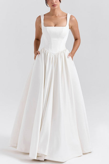 Square Neck Corset Basque Waist Wide Strap Ball Gown Maxi Dress