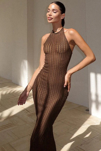 Solid Halter Neck Backless Knit Maxi Dress