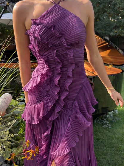 Halter Neck Ruffled Chiffon Maxi Gown With Irregular Hem For Special Events 2026
