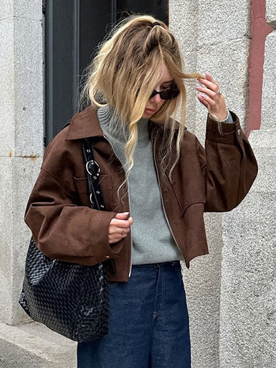 Brown Suede Cropped Zip-up Jacket With Pockets For Women 2026