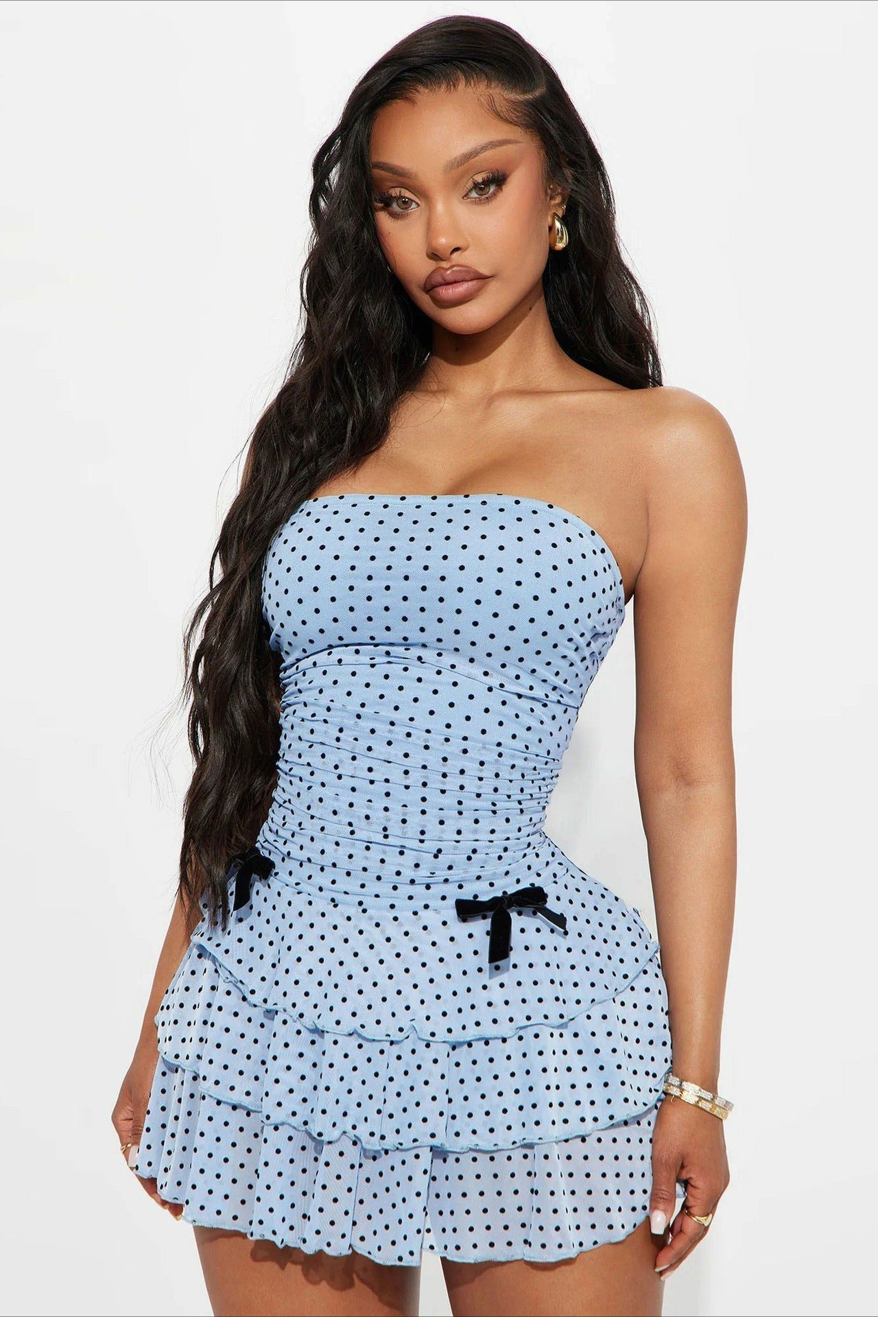 Polka Dot Ruched Strapless Tiered Ruffle Bow Trim Mini Dress