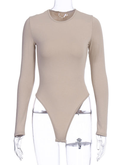 Bodysuit Light Apricot Long Sleeves Piping Stretch Notched Neckline Sexy Cotton Top For Women