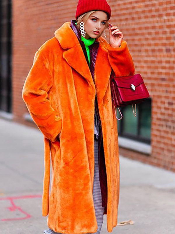 Longline Fux Fur Coat Notched Lapel Belted Eco-friendly Winter Jacket 2026
