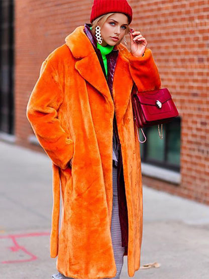 Longline Fux Fur Coat Notched Lapel Belted Eco-friendly Winter Jacket 2026